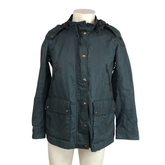 BELSTAFF - WOMEN'S 44 - WAXED COTTON FULL ZIP& SNAP HOODED HEAVY CARGO JACKET